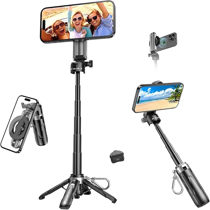 Magnetic Small Selfie Stick for iPhone,4 in 1 Multifunctional Portable Selfie Sticks Retractable Cell Phone Travel Tripod with Remote Control, Mini Phone Tripod for iPhone 17/16/15/14/13/12 Series