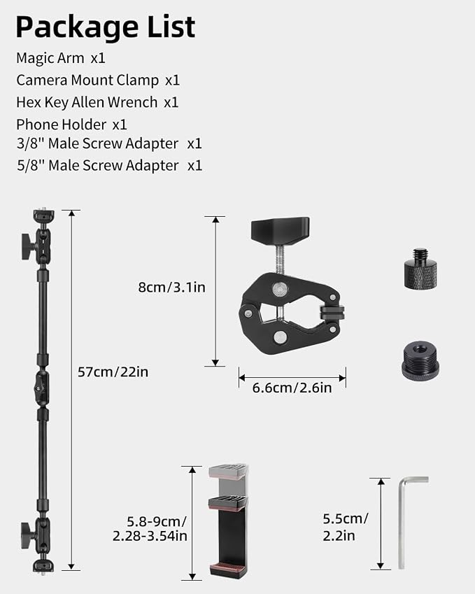 22" Magic Arm w Clamp, Overhead Phone Mount, Desk Camera Mount w Articulating Friction Boom Arm Thread Adapter, for Phone Video Light Webcam Microphone Action Camera Content Creators
