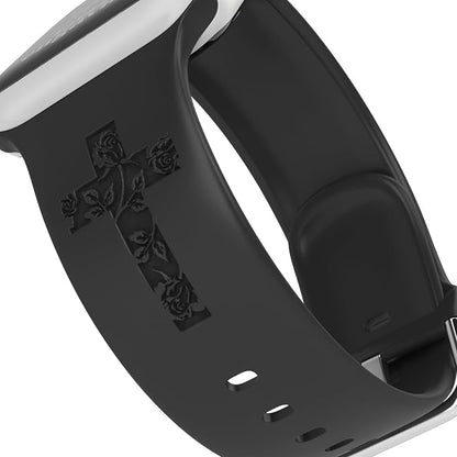 Faith with Cross Watch Band Compatible with Apple Watch Laser Engraved iWatch Band Silicone 38mm 40mm 41mm 42mm 44mm 45mm 46mm 49mm Strap Jesus Psalm Christian God Blessed (Black, 38/40/41mm S/M)