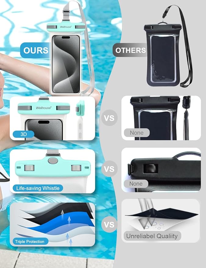 wellhouse Waterproof Phone Pouch, Waterproof Phone Case for iPhone17 16 15 14 13 Pro Max XS Samsung, IPX8 3D Cellphone Dry Bag Beach Essentials (2 Pack - Green & White7.0, 7 inch)