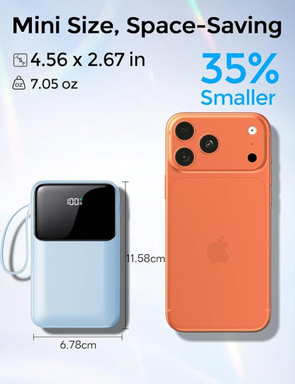 Power Bank, 15000mAh Portable Charger with Built in Cable, 22.5W Fast Charging, 6 Outputs, Slim Travel Essential Battery Pack with LED Display, Compatible with iPhone 17/16/15/14/13, iPad SkyBlue