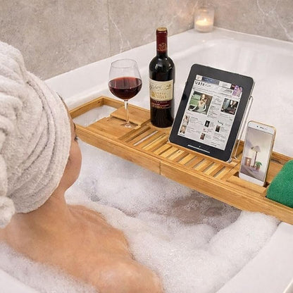 Creative Factory Luxury Bathtub Caddy Tray, Four Storage Rooms on the Board with Grey Fabric for Electronic Tablet Holder or a Book, Soap or Phone, Glass of Wine Slot (Natural Bamboo Wood Color)