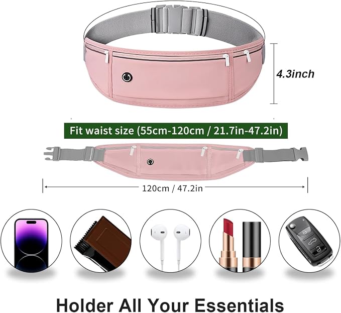 Running Belt Fanny Pack for Women，Water Resistant Large Capacity Waist Pack for iPhone 16 15 14 13 Samsung，Lightweight Running Phone Holder，Slim Money Belt Running Pouch for Hiking Outdoor Pink