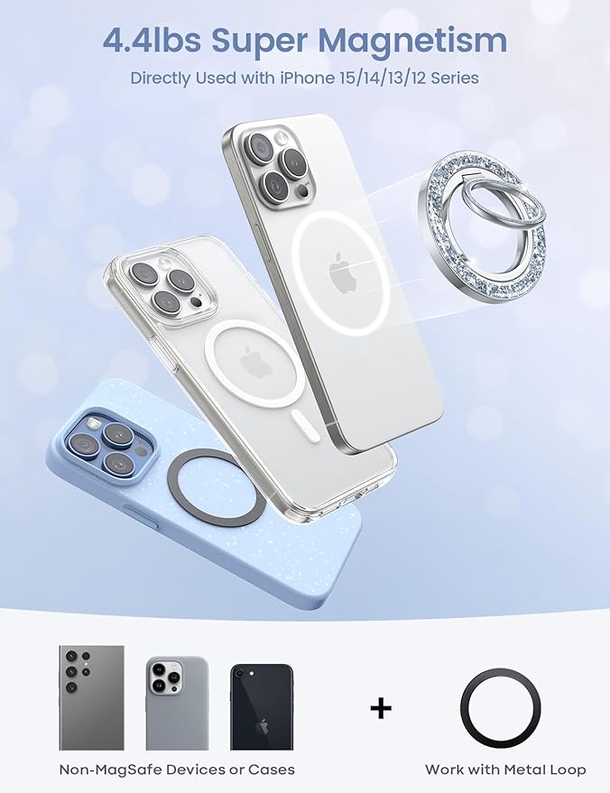 Lamicall Magnetic Phone Ring for MagSafe Grip - [Super Magnet] Stylish Ring Holder Stand with [Upgrade Gear Hinge], for iPhone 17 16 15 14 Pro Max Air, Mag Safe Women Decor Accessories, Glitter Silver