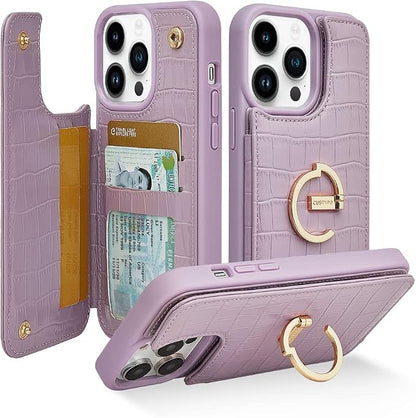 CUSTYPE for iPhone 14 Pro Max case Wallet with Card Holder, 180° Rotation Ring Holder Stand Card Slots Case,Leather Double Snap Cover with Wallet for Women and Girls 6.7 "-Purple