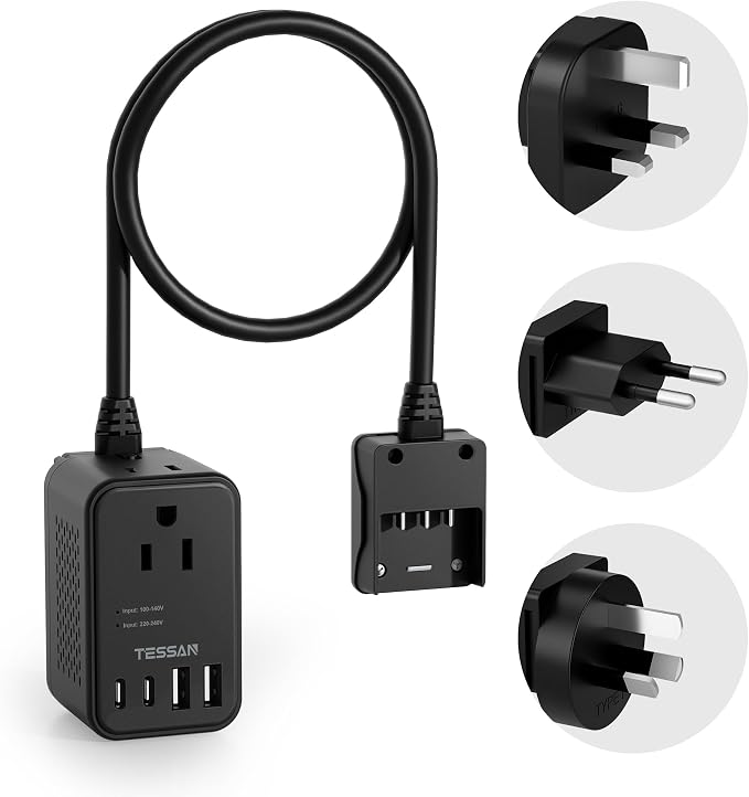 TESSAN 220 to 110 Voltage Converter, Black | US to Europe, 4 USB Ports (2 USB C), 2 AC Outlets, EU/UK/AU Plug, Step Down Transformer