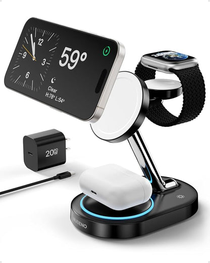 Fast Charging Station for Magsafe Apple Devices, Wireless Charger Station for MagSafe iPhones, 3 in 1 Magnetic Charger Stand for iPhone 17/16/15/14/13/12, Apple Watch & AirPods(Blk)
