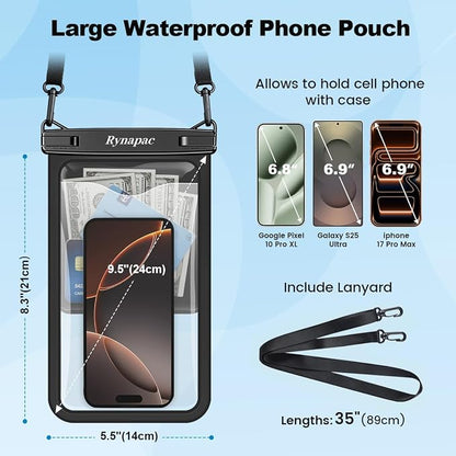 Rynapac Large Waterproof Phone Pouch [Up to 10"] - 2 Pack IPX8 Waterproof Phone Case for iPhone 17 16 15 Pro Max Galaxy S26 Ultra, Touchscreen & Underwater Photography, Beach Cruise Essentials 2026