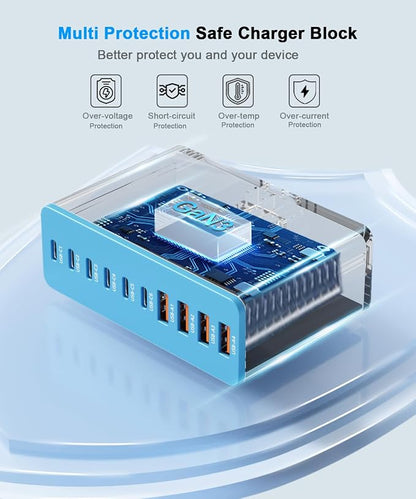 USB C Charging Station 10 Port with 4 Cables,200W GaN Type C Charger Block | Wall Charger Power Strip Adapter Plug for iPad iPhone17 16 15 14 13 12 Pro Max Pixel Note Galaxy Blue