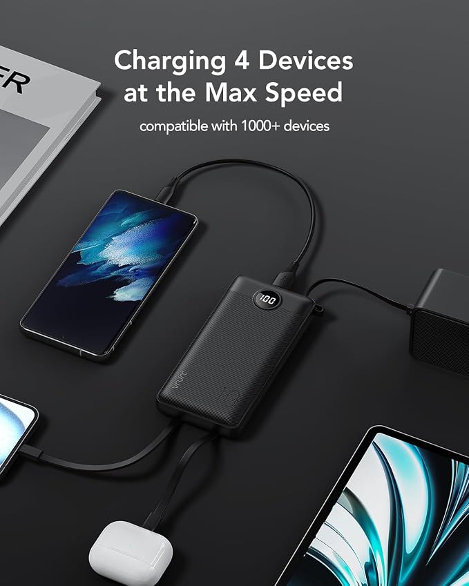 VRURC Portable Charger, 20W PD Fast Charging Power Bank Built in 4 Cables | 10000mAh Compact Portable Phone Charger, 5 Outpputs USB C Battery Pack for iPhone, Samsung & Multi Devices-Black(1 Pack)