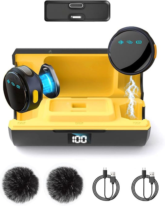 2Pack Wireless Lavalier Microphone for iPhone iPad Android with Charge Case, Mini Clip/Magnetic Microphones for Lightning/USB-C Video Recording, Vlogging, YouTube, Interviews, 100FT