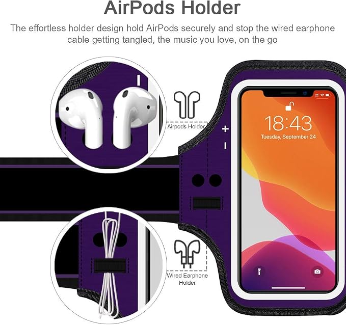 iPhone 17 16 Pro Armband, JEMACHE Gym Workouts Running Arm Band for iPhone 17/16/15/14/13 Pro with Airpods Holder (Purple)