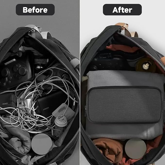 Teskyer Double Layer Cable Organizer Bag, Travel Tech Pouch, Dark Grey | Elastic Bands Organization, Water Resistant Fabric, Multiple Compartments, Padded Protection, Travel and Office Use
