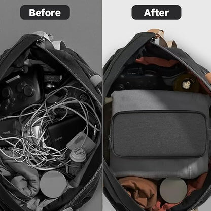 Teskyer Double Layer Cable Organizer Bag, Travel Tech Pouch, Dark Grey | Elastic Bands Organization, Water Resistant Fabric, Multiple Compartments, Padded Protection, Travel and Office Use