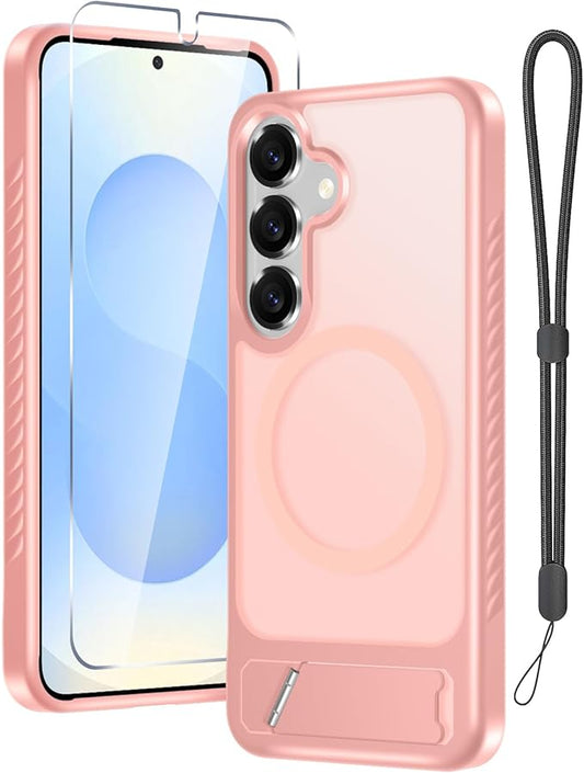 RMOCR for Samsung Galaxy S25 Case with Screen Protector+Lanyard Wrist Strap,Magnetic Translucent Matte Rugged Slim Phone Cover Built in Invisible Kickstand [Fit for MagSafe],2025 Cute Pink