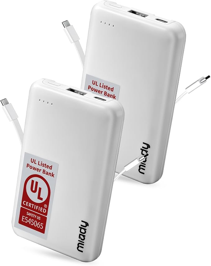 Miady UL Listed 2-Pack Small Portable Charger 5000mAh Power Bank for Travel | 18.5Wh丨Built-in 2 Cables丨3 Outputs 2 Inputs丨Compatible with iPhone Android etc丨Flight-Safe丨for Backpack Campingl丨White+White
