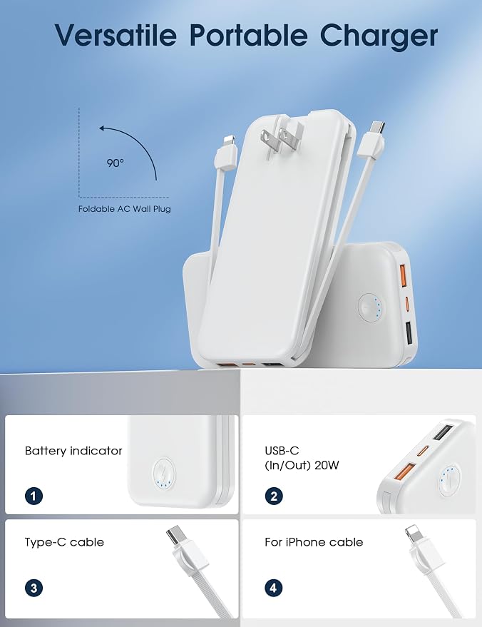 Nusyddy Portable Charger 10000mAh PD20W w/Built-in Cables & Wall Plug White | PD20W Fast Charging, Battery Indicator, Pass Through Charging, TSA Approved, Compact/Slim, Power Bank for iPhone/iPad/Samsung