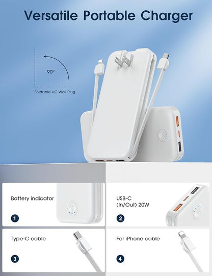Nusyddy Portable Charger 10000mAh PD20W w/Built-in Cables & Wall Plug White | PD20W Fast Charging, Battery Indicator, Pass Through Charging, TSA Approved, Compact/Slim, Power Bank for iPhone/iPad/Samsung