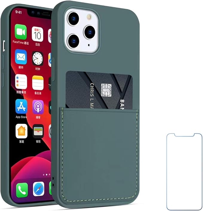 Ultra Slim Liquid Silicon Gel Case Compatible with iPhone 12,for iPhone 12 Pro 6.1 inch 2020 with Card Holder Sleeves Slot Anti-Scratch Shockproof Wallet Cover with Screen Protector (Pine Green)