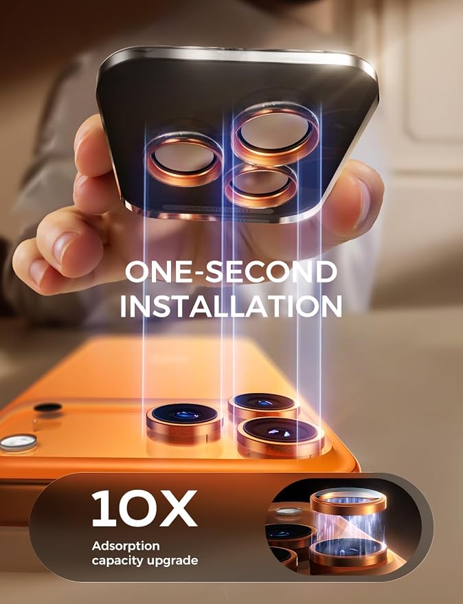 MAGIC JOHN for iPhone 17 Pro Max/17 Pro Camera Lens Protector [Alignment Kit&1:1 Invisible Fit] 9H Aerospace Tempered Glass, Ultra HD, Metal Individual Ring, Set of 2,Orange