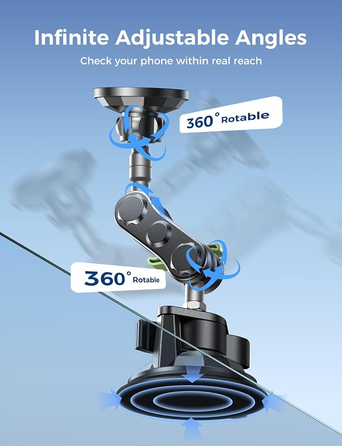MAGIC JOHN Magnetic Car Phone Holder [Strong Suction&Strong Magnetic] 360° Adjustable Car Phone Mount for Windshield, Ultra-Durable Metal, Suction Cup Car Phone Mount for iPhone Samsung All Smartphone