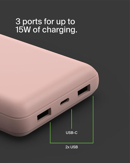 Belkin Portable Charger, USB C Power Bank 20000 mAh w/ 1xUSB-C Port & 2xUSB-A Ports, 15W w/ Type-A to Type-C Cable - iPhone 17, Air, Pro, Pro Max, Samsung Galaxy S25, Google Pixel 10, etc. - Rose Gold