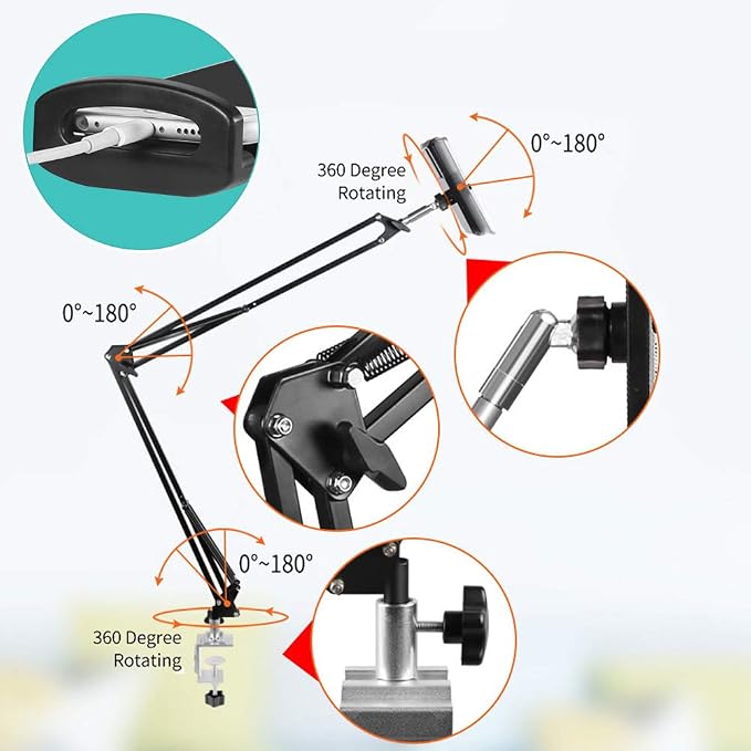 Heavy Duty Phone/Tablet Metal Holder Universal Mobile Cell Smartphone Mount Lazy Bracket 360° Rotation Gooseneck Clamp Stand Flexible Long Arm for 4-11 Inch Devices (Black, 2-Section)