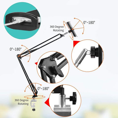 Heavy Duty Phone/Tablet Metal Holder Universal Mobile Cell Smartphone Mount Lazy Bracket 360° Rotation Gooseneck Clamp Stand Flexible Long Arm for 4-11 Inch Devices (Black, 2-Section)