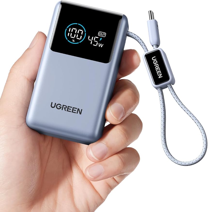 UGREEN Nexode Pro Power Bank 10,000mAh 45W, Compact Portable Charger, Built-in USB-C Cable, PD Super Fast Charging Battery Pack with Digital Display for iPhone 17/16 Pro Max Air/Galaxy S26 Ultra