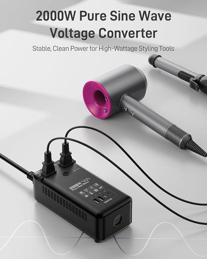 EPICKA 2000W Pure Sine Wave Voltage Converter, 220V to 110V Power Transformer with 20W PD USB-C Fast Charging, 2 AC Sockets, 4 USB Ports (2A + 2C), Universal Travel Plug Adapter for EU/UK/AU/JP, Black