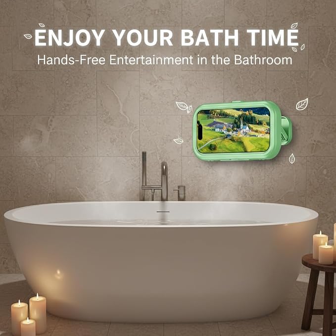 Waterproof Shower Phone Holder: 360° Rotatable Adjustable Bathroom Mobile Stand - Bathroom Wall Phone Mount Stand Anti Fog for Kitchen, Bath - Accessories for 4-7" Cellphones (Green)