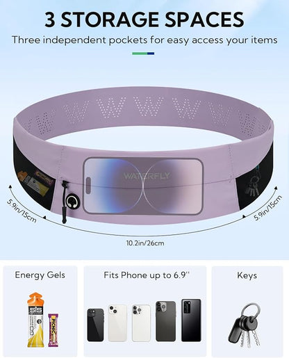 WATERFLY Running Belt Fanny Pack: Slim Waist Bag for Men Women, Workout Fitness Phone Holder for Exercise Marathon Jogging-Purple