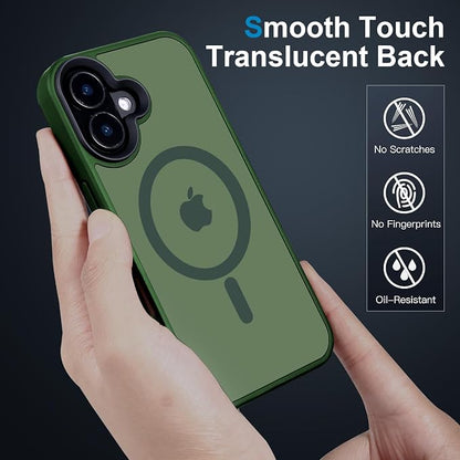 Powerful Magnetic Case for iPhone 16 Case [5X-Grade Drop Tested & Compatible with MagSafe] Translucent Anti-Fingerprint Shockproof Protective Cover 6.1 Inch, Alpine Green