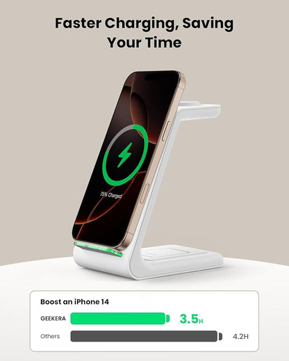GEEKERA 3 in 1 Wireless Charging Station for Apple, Fast Wireless Charger Stand Dock for iPhone 17 16 15 14 13 12 11 Pro Max Plus XR XS X, Apple Watch Ultra/11/10/9/SE/8/7/6/5/4/3/2, AirPods Pro/4/3/2