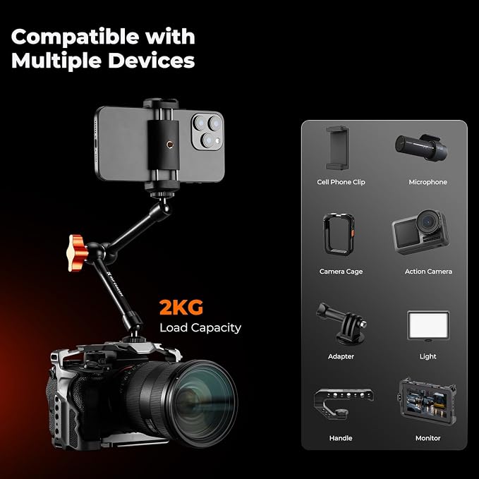 K&F CONCEPT 9.8" Magic Arm Clamp with Phone Holder, 360° Ball Heads Camera Arm Mount for Phone/LED Lights/Monitor/Flash/Microphone/DSLR Camera