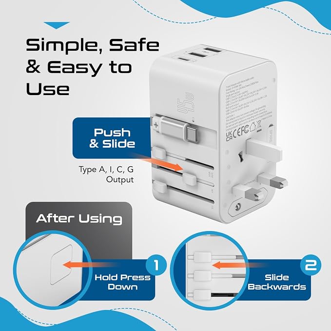 Ceptics 5 in 1 International Travel Adapter with PD 45W Retractable USB-C Cable 65cm, 2X USB-A 2.4A, 1x USB-C 3A, Travel Adapter Worldwide for Laptop, Phones and Cameras for US, EU, UK, UP-45WC-WH | 5 in 1 Design, International Power Adapter for USA, E...