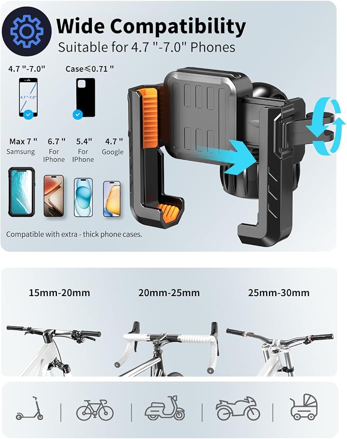 Motorcycle Phone Mount, [No Block Camera] Bike Phone Holder Mount, [Silicone Wrapped] Handlebar Cell Phone Mount for Bike/Scooter/ATV, Fits iPhone 17/16/15/14/13 Pro Max & 4.7"-7" Phones, Black