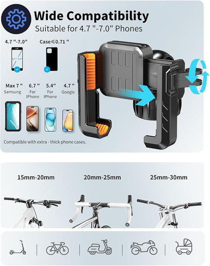 Motorcycle Phone Mount, [No Block Camera] Bike Phone Holder Mount, [Silicone Wrapped] Handlebar Cell Phone Mount for Bike/Scooter/ATV, Fits iPhone 17/16/15/14/13 Pro Max & 4.7"-7" Phones, Black