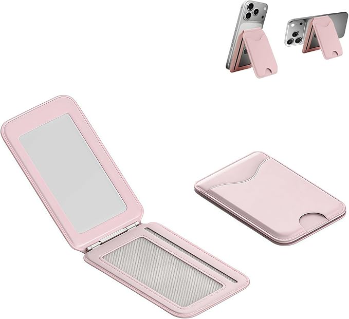 Upgraded for Magsafe Wallet, Strong Magnetic Phone Wallet with Adjustable Stand, Built in Makeup Mirror, 5 Card Holder, RFID Blocking (Pink Fold)