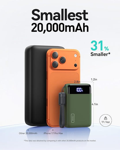 INIU Portable Charger, Smallest 22.5W 20000mAh USB C in & Out Power Bank Fast Charging, PD 3.0+QC 4.0 LED Display Phone Battery Pack Compatible with iPhone 17 16 15 14 Pro Samsung S24 Google, Green