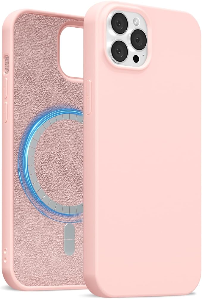 for iPhone 12 Pro Max Case Silicone Compatible with Magsafe Case, Ultra Slim Thin Magnetic Phone Cases Mag Safe, Cute Soft Rubber Gel Matte Plain Wireless Charging Cover for Women, Light Pink