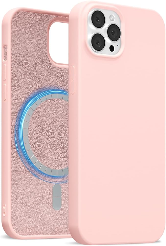 for iPhone 12/12 Pro Case Silicone Compatible with Magsafe Case, Ultra Slim Thin Magnetic Phone Cases Mag Safe, Cute Soft Rubber Gel Matte Plain Wireless Charging Cover for Women, Light Pink