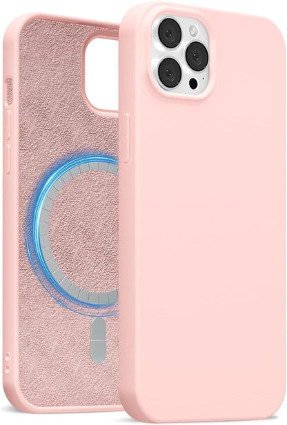 for iPhone 12/12 Pro Case Silicone Compatible with Magsafe Case, Ultra Slim Thin Magnetic Phone Cases Mag Safe, Cute Soft Rubber Gel Matte Plain Wireless Charging Cover for Women, Light Pink