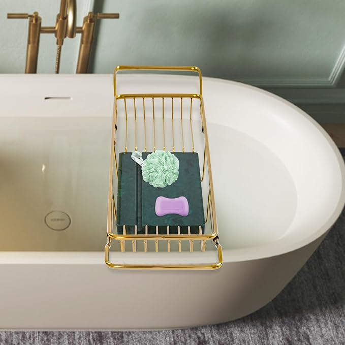 Expandable Bathtub Tray Caddy for Luxury Bath, Extra Wide Acrylic Tub Tray with Natural Marble Board, Waterproof Bath Tub Shelf for Phone, Wine, Book, Tablet Stand - Ideal Home Spa (Gold, Green)