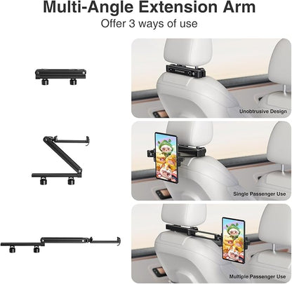 elitehood Headrest Car Tablet Holder - [Long Aluminum Extension Arm] [Ultra-Compact] Foldable iPad Holder for Car Backseat, Road Trip Essentials iPad Back Seat Mount, Tablet Headrest Mount for Kids