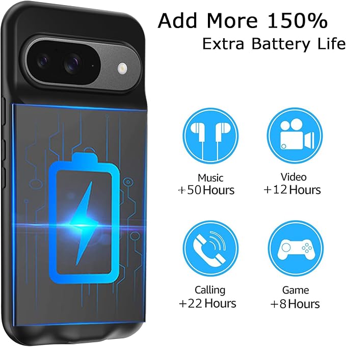 Battery Case for Pixel 9/9 Pro, Upgraded 10000mAh Battery Pack Rechargeable Charger Case with Wireless Charging Compatible for Pixel 9/9 Pro(6.3 inch) External Charging Cover(Black)