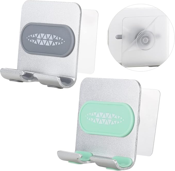 2 PCS Portable Shower Phone Holder, Wall Mount Phone Holder for Smooth Surfaces, Adjustable Cellphone Stand with Adhesive Pads for Bathroom Kitchen, Universal Compatibility with Smartphones