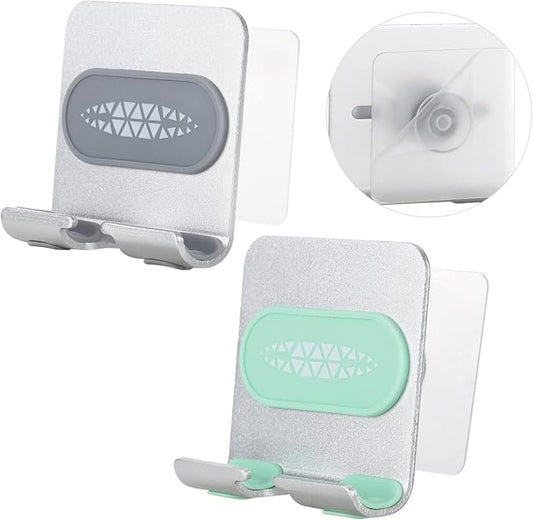 2 PCS Portable Shower Phone Holder, Wall Mount Phone Holder for Smooth Surfaces, Adjustable Cellphone Stand with Adhesive Pads for Bathroom Kitchen, Universal Compatibility with Smartphones