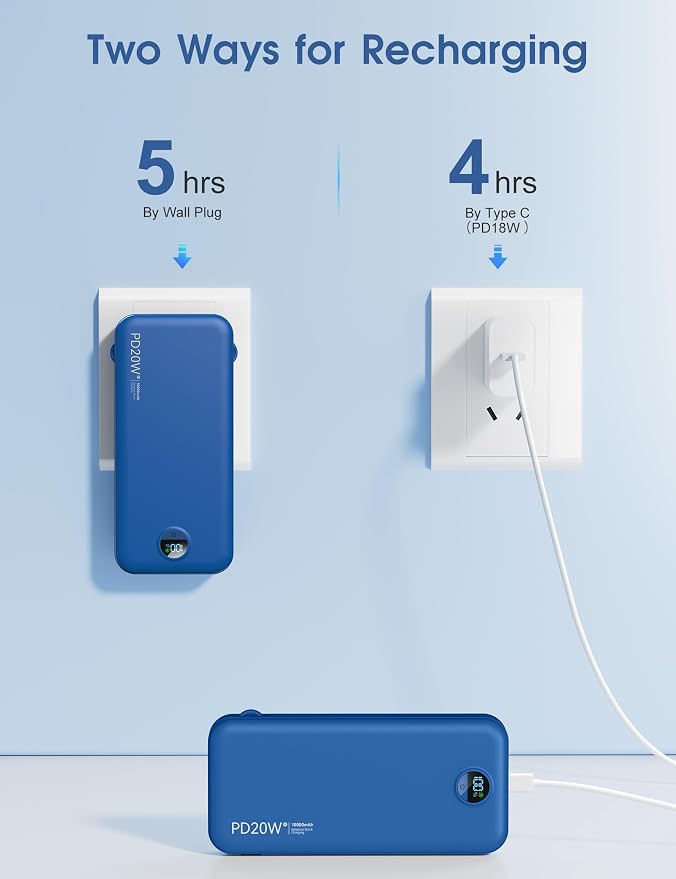 Portable Charger Power Bank, 10000mAh PD20W USB C Fast Charging with Built-in Cables & Wall Plug, 5-in-1 External Battery Pack with LED Display, Perfect Backup for iPhone, iPad, Samsung Navy