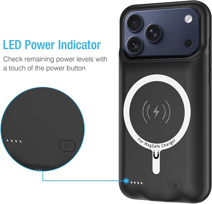 Battery Case for iPhone 17 Pro, Enhanced 10000mAh Portable Protective Wireless Charging Case Support Carplay Compatible with iPhone 17 Pro (6.3 inch) Rechargeable Extended Battery Charger Clip(Black)